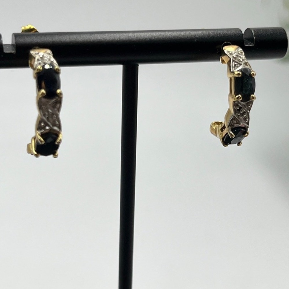 JJT 925 Sterling Vermeil Vintage Dk Blue Topaz Diamond Half Hoop J Post Earrings